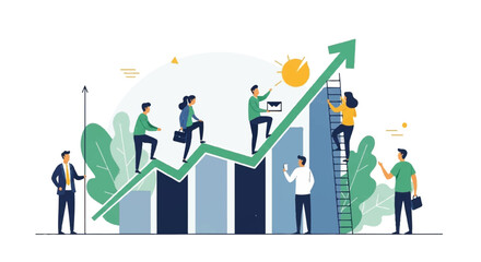 Fototapeta premium Business people climbing graph with growth arrow in office environment