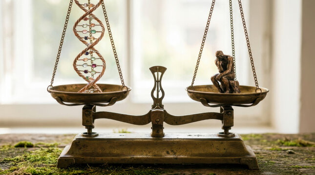 Gene editing concept with DNA helix and thinker sculpture balanced on vintage scale symbolizing ethical reflection and scientific progress