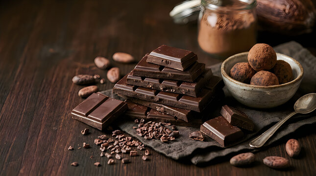 Dark chocolate bar stack with cocoa beans and truffles chocolate truffles