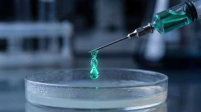 Gene editing concept with syringe dropping liquid into petri dish in laboratory setting showing scientific research
