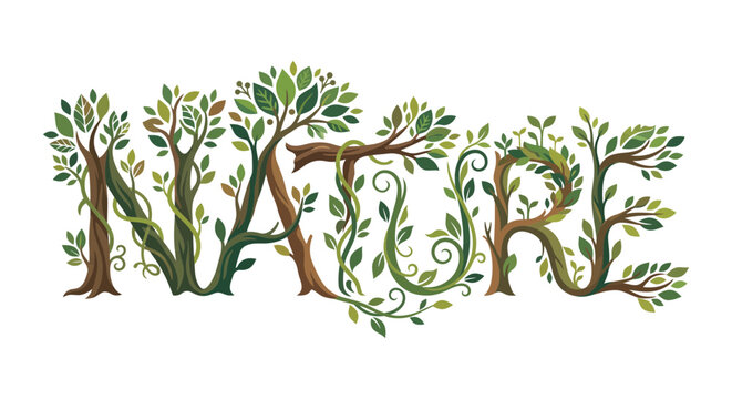 Nature word made of trees and leaves illustration