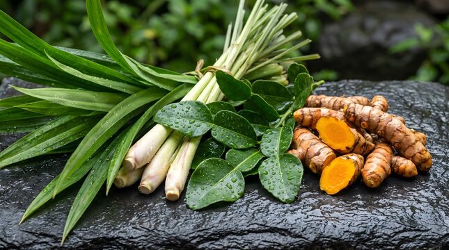 Fresh Tropical Herbs Pandan Lemongrass Kaffir Lime
Turmeric Dark Stone Water Droplets