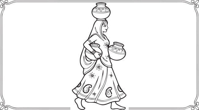 Traditional Indian woman carrying water pots on head and hands while walking in ornamental frame for cultural coloring page or educational project