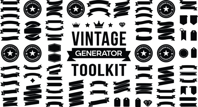 Vintage generator toolkit, retro ribbon banners and badge collection, black vector design elements for branding and logos