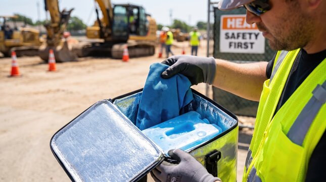Worker Prepares for Heatwave Safety with Cooling Pack