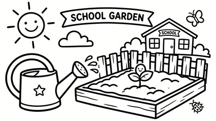 Naklejka premium school garden illustration with watering can and plant in raised bed for educational materials