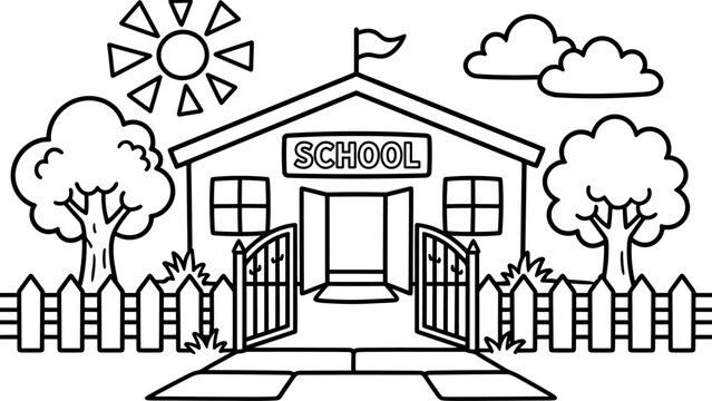 school building with open gate and fence on sunny day for education and learning