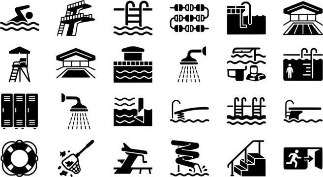Swimming Pool and Aquatic Center Glyph Icon Set Featuring Swimmer, Diving Board, Lifeguard Tower, Pool Ladders, Lane Ropes, Showers and Water Slides