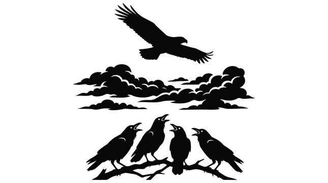 Minimalist vector illustration of a flying eagle above four crows perched on a dark branch