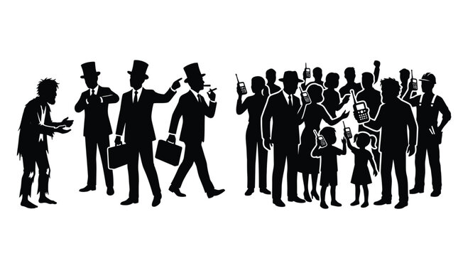 Digital vector illustration showing social inequality between wealthy businessmen and common people with modern mobile technology