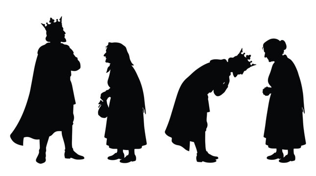 Detailed vector illustration of a medieval king interacting with peasants in a royal court setting