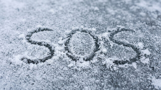 SOS message written on frozen icy surface symbolizing arctic climate warming emergency and urgent call for help