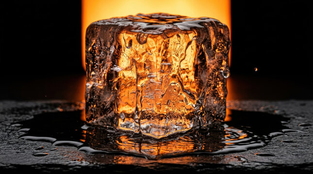 Melting ice cube reflects warming climate effects with arctic heat causing water to pool around cube in dramatic close up scene
