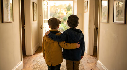 Fototapeta premium Two young boys standing in a bright hallway looking out an open doorway