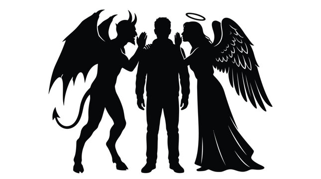 Minimalist vector illustration of an angel and a demon whispering to a man at crossroads