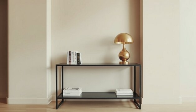Modern console table with lamp and books, minimalist interior decor, black metal furniture, beige walls