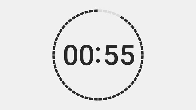 Video animation of a stopwatch with sliding numbers that count down from one minute to zero - 60 seconds countdown.