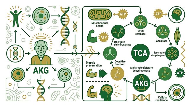 Alpha-ketoglutarate biological benefits and tca cycle infographic
