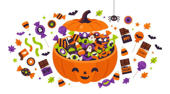 Halloween pumpkin basket filled with colorful candies and spooky treats vector illustration. EPS Editable. Vector Illustrations.