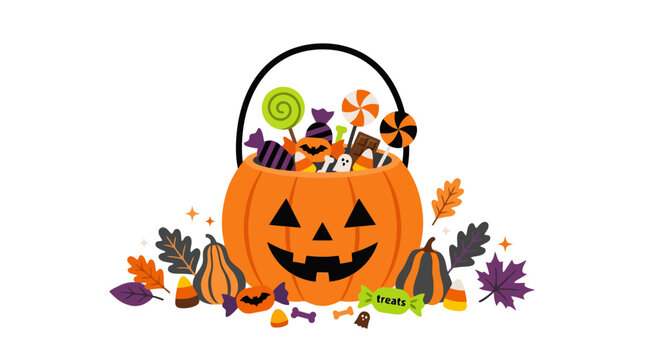 Halloween pumpkin bucket filled with colorful candies and autumn leaves illustration. EPS Editable. Vector Illustrations.