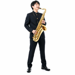 Fototapeta premium サックスを吹く男子高校生のイメージ 白背景、日本人