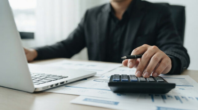 Businessman using calculator and laptop for financial accounting. Concept of tax calculation, business audit, budget planning, and cost analysis on office desk with paperwork graphs.