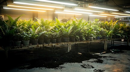 Fototapeta premium Rows of lush green ferns are meticulously arranged under artificial grow lights in a dimly lit indoor nursery, showcasing a vibrant horticultural display.