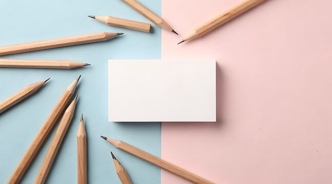A blank white business card rests on a pastel pink and blue background, surrounded by scattered unsharpened wooden pencils, creating a minimalist and artistic composition.