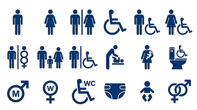 Universal restroom and accessibility signage icon set with restroom, navigation