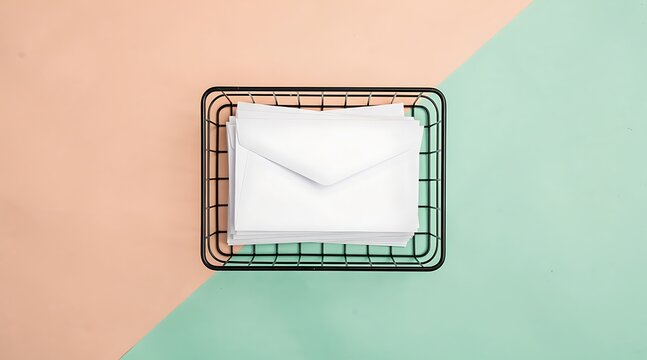 A stack of white envelopes neatly arranged in a black wire basket, set against a split background of peach and mint green.