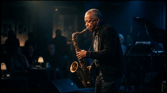 Senior musician playing saxophone in a dark jazz club spotlight