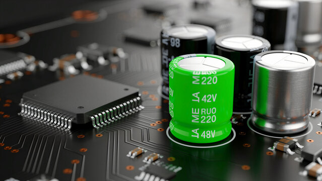 Green capacitor on black printed circuit board. Macro view of electronic components including microprocessor and conductors. Engineering concept ideal for hardware and industrial tech marketing.