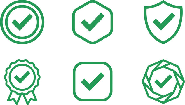 Set of green check mark icons in different frame shapes isolated on transparent background