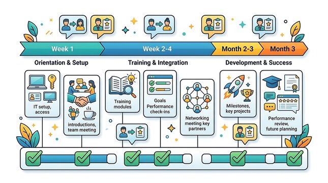 Corporate employee onboarding process and training roadmap timeline