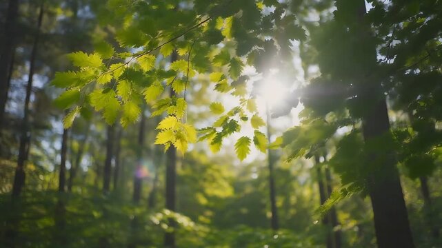 sunlight through trees for ecology concept with fresh green leaves