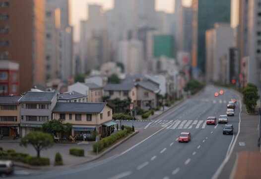 Miniature tilt-shift city street with tiny cars and houses at sunset. Generative AI