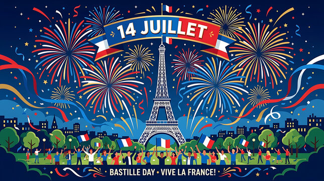 Bastille day celebration scene with fireworks over eiffel tower, national holida