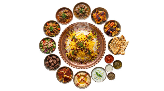 Middle Eastern food feast with kabsa rice and assorted mezze, traditional Arabic cuisine banquet, authentic Persian dinner spread with grilled meat and hummus isolated PNG with Transparent