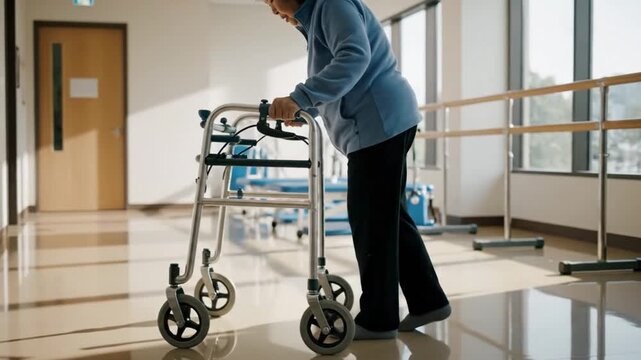 Person with walker walking with a walker, in hospital or rehabilitation center, with walker, medical equipment, from a neutral perspective perspective, with blue, black accents, nearby objects.
