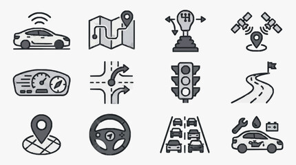 Fototapeta premium Corporate Icons Set Featuring Modern Car Technology Navigation Traffic and Maintenance Concepts in Monochrome