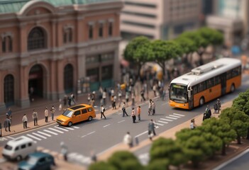 Fototapeta premium Vibrant tilt-shift cityscape with bustling traffic and pedestrians. Generative AI