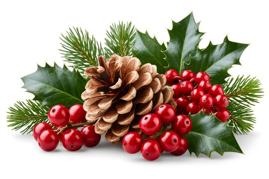 Christmas winter holiday decoration with holly berries pinecone