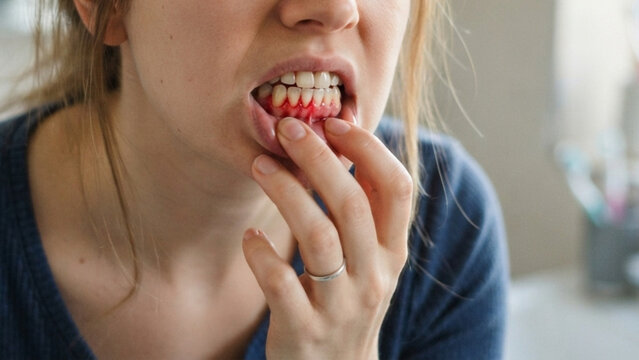 Woman with bleeding gums touching teeth