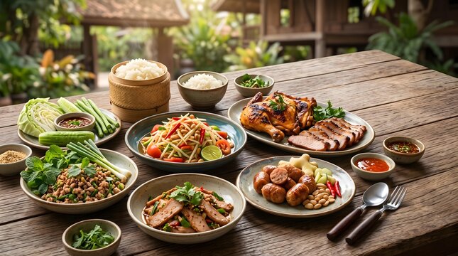 authentic Isaan Thai Cuisine showcasing colorful Northeastern Thai dishes Authentic Thai Feast on Rustic Table Featuring Papaya Salad, Grilled Chicken, and Sticky Rice in Open Air Setting
