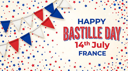 Obraz premium Happy bastille day greeting with bunting flags and confetti july 14th france