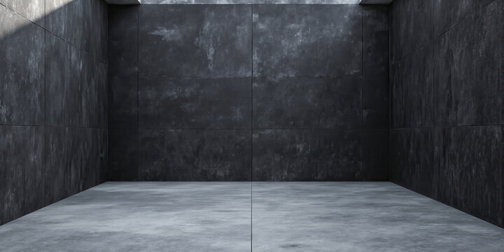 Empty Dark Concrete Room Minimalist Background Subtle Light A large, empty room features bare dark concrete walls and floor, subtly