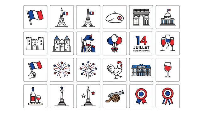 Set of french national day icons for bastille day celebration with bastille