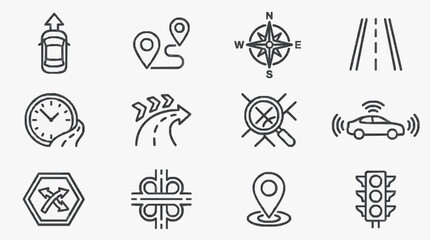 Corporate Minimalist Black and White Line Icons Set Featuring Navigation Directions and Vehicle Safety Symbols © Adillaajo