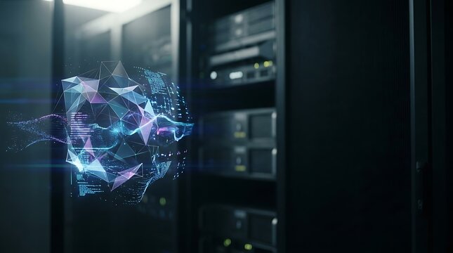 Digital data visualization glowing in a dark server room rack