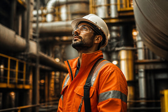 A male engineer in safety gear looks thoughtfully within an industrial plant.